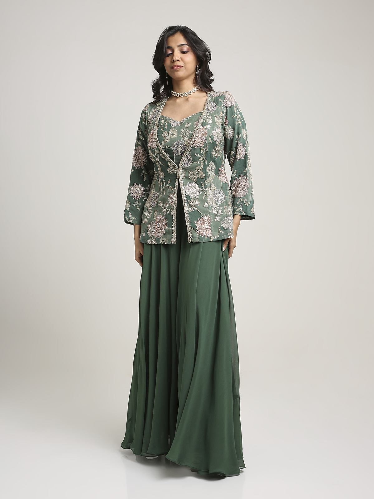 THK25197 3 Piece Garara Set Handwork Blouse With Jacket - Image 1